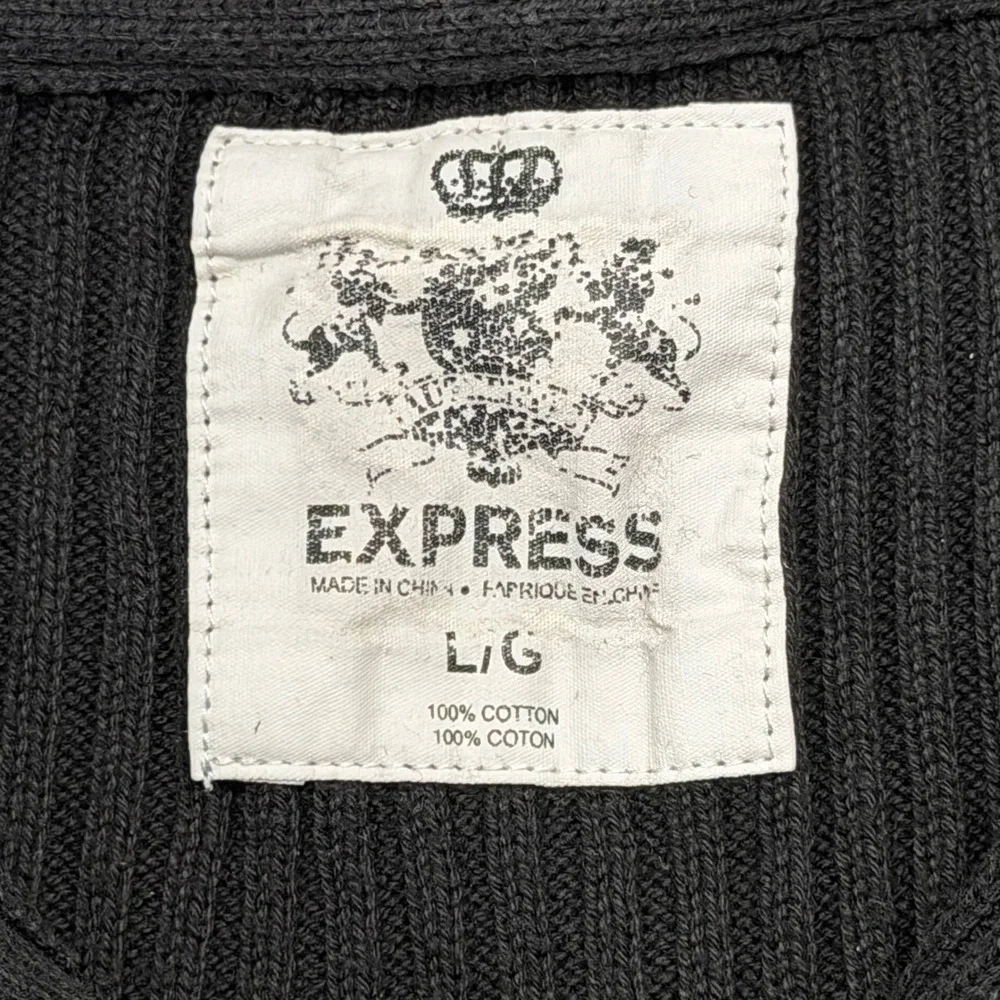 Express 400263 Mens Large Black Sweater Ribbed Knit Quarter Button Mock Neck
